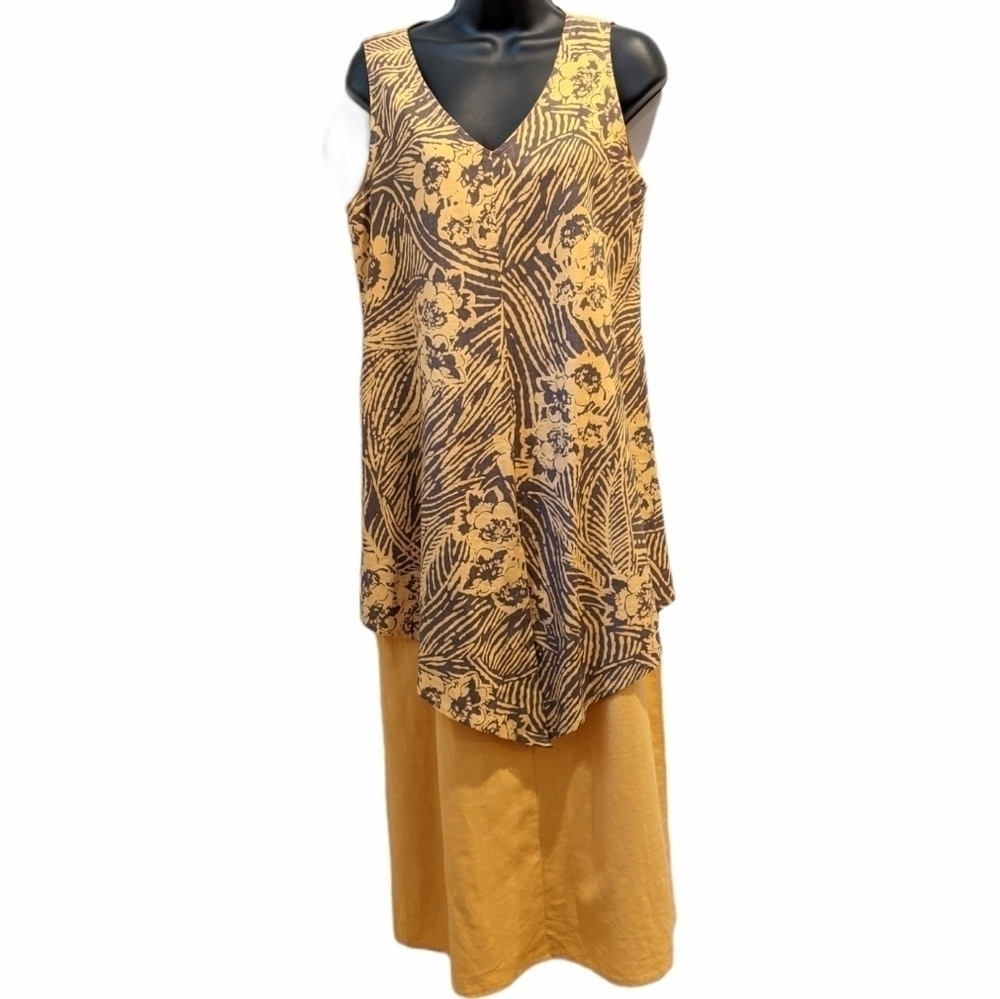 𝅺Taravao Linen Blend Floral Yellow Dress small